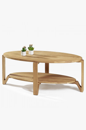 Ovaler Couchtisch aus Eichenholz mit Ablage, natur