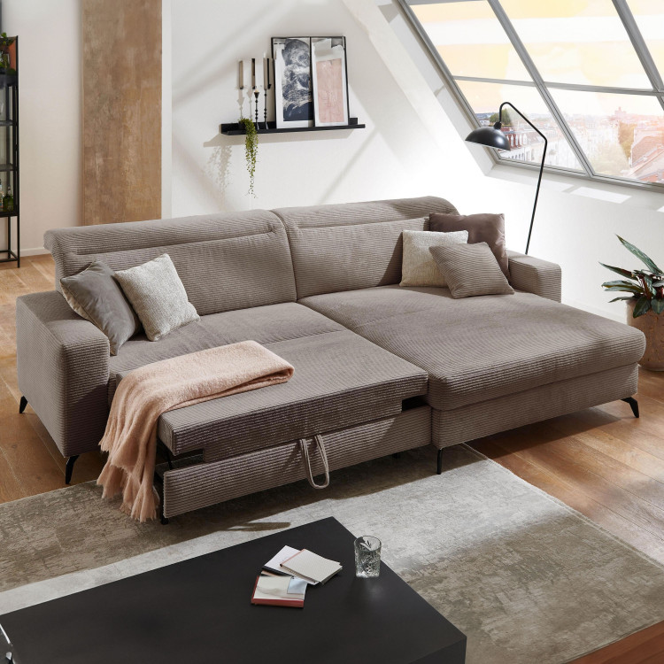 Rohová sedačka s manšestrovou látkou Boler šedohnědá, pravá , Sedačky- 1