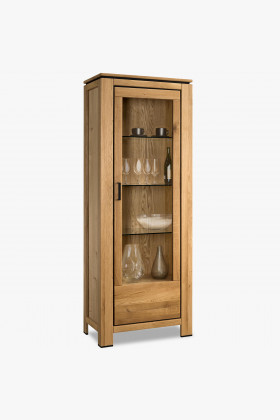 Eichen-Vitrine mit Glastür rechts, 3 Glasböden, Holzregal