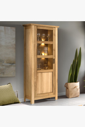 Massivholz Vitrine aus Eiche mit Tür links – robustes Holzmöbel, naturfarben