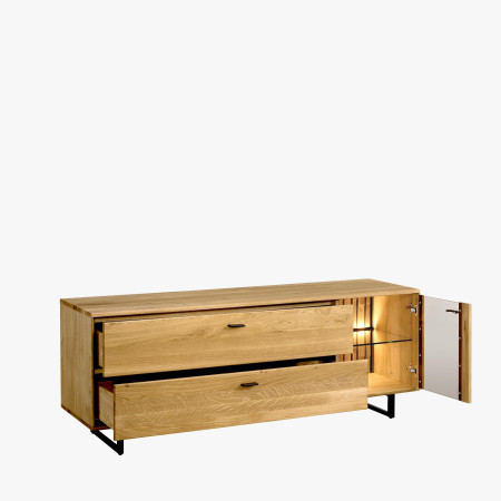 Moderní tv komoda dřevo dub, na černých kovových nohách