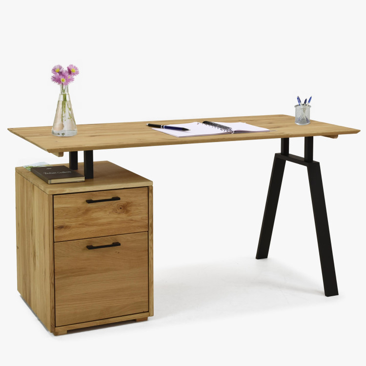 Dubový pracovní stolek s boxem a kovovými nohama