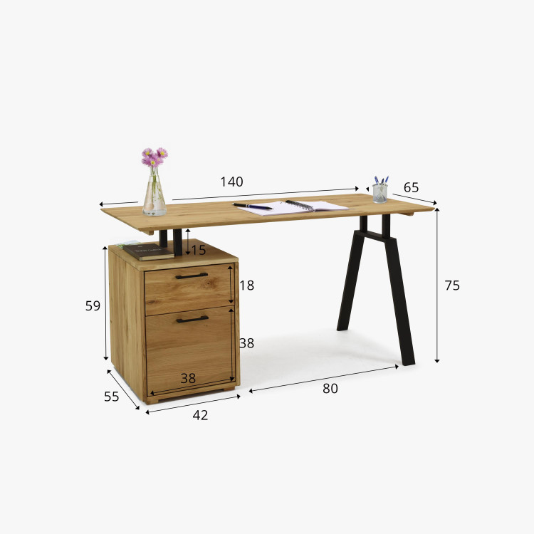 Dubový pracovní stolek s boxem a kovovými nohama