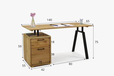 Dubový pracovní stolek s boxem a kovovými nohama