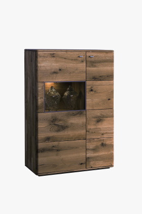 Hohe Kommode Texas gebrannte Eiche mit Glasfront und