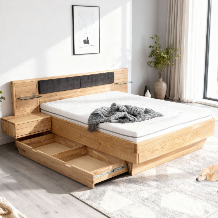 Dubová postel s nočními stolky a úložným prostorem