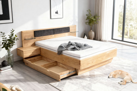 Dubová postel s nočními stolky a úložným prostorem