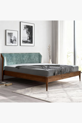 Retro-Eichenbett 180x200 cm mit grünem Polsterkopfteil