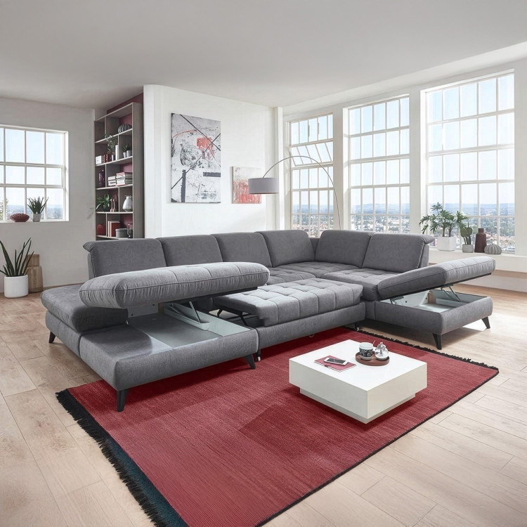 Sitzgarnitur Carolina in U-Form mit Funktionsmöglichkeiten, grau