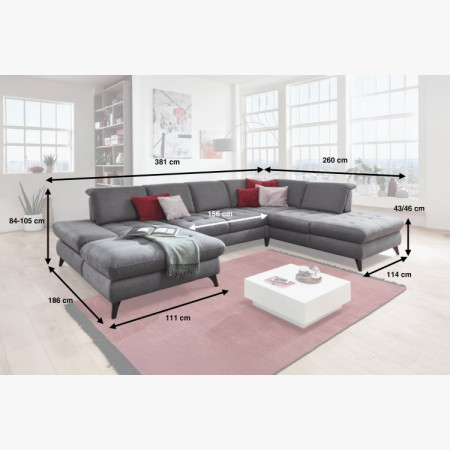 Sitzgarnitur Carolina in U-Form mit Funktionsmöglichkeiten, grau