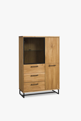 Loft Kommode Eiche mit Glas und schwarzen Metallfüßen