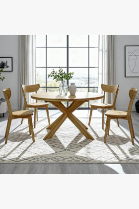 Runder ausziehbarer Tisch und 4 Stühle aus Holz