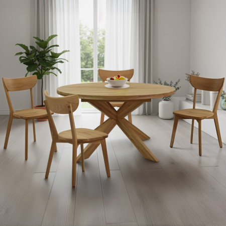 Runder ausziehbarer Tisch und 4 Stühle aus Holz