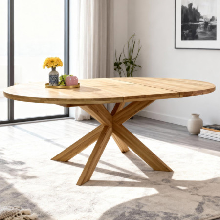 Runder ausziehbarer Tisch und 4 Stühle aus Holz