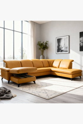 Ledersitzgarnitur U-Form Magma massiv Holz braun