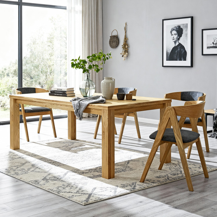 Eichene Essgruppe Tisch und 4 gepolsterte Sessel Maja Graphitgrau