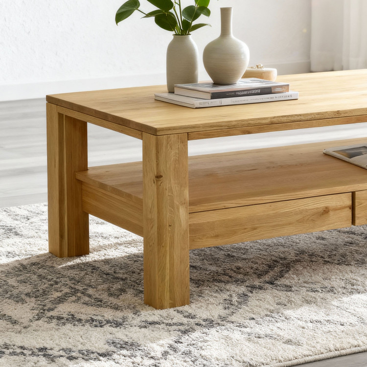 Holzner eckiger Eichen-Couchtisch mit Regal