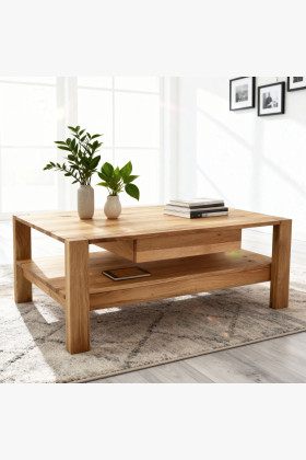 Massiver Eichenholz-Couchtisch 110x70 cm mit Ablage natur