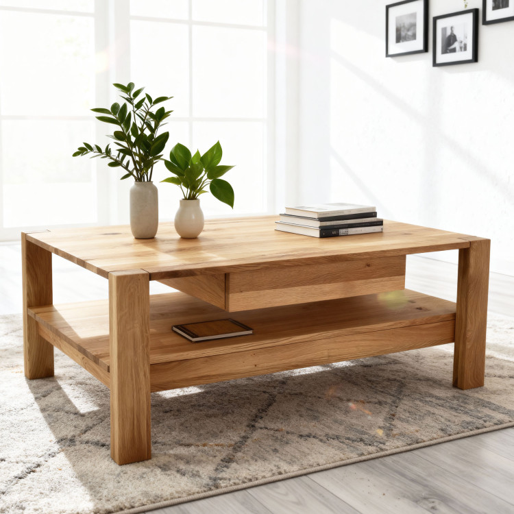 Holz-Esstisch aus Eiche mit Ablagefächern