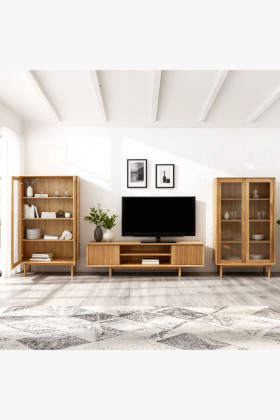 Obývwand aus massiver Eiche mit Vitrinen und TV-Kommode
