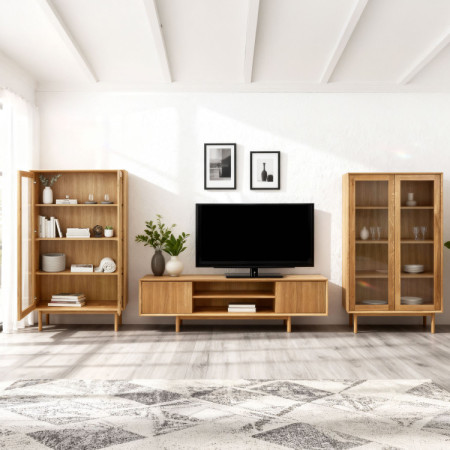 Obývwand aus massiver Eiche mit Vitrinen und TV-Kommode