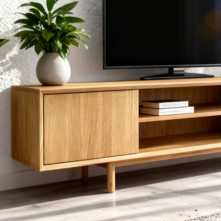 Obývwand aus massiver Eiche mit Vitrinen und TV-Kommode