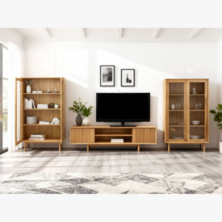 Obývwand aus massiver Eiche mit Vitrinen und TV-Kommode
