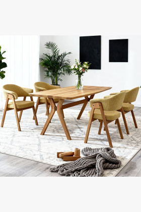 Dubowy ovaler Esstisch 180 × 90 cm und gelber Stuhl Mona