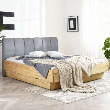 Massivholzbett 180 x 200 mit Stauraum und gepolstertem Kopfteil