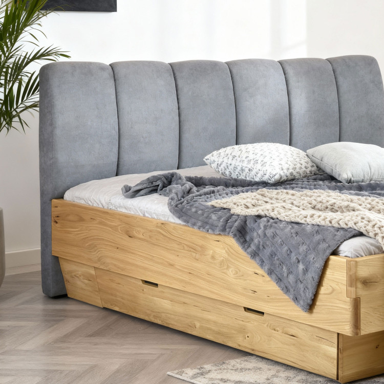 Massivholzbett 180 x 200 mit Stauraum und gepolstertem Kopfteil