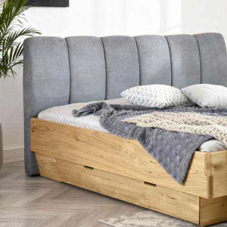 Massivholzbett 180 x 200 mit Stauraum und gepolstertem Kopfteil