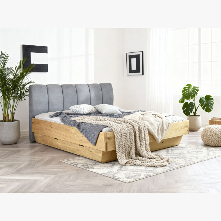 Massivholzbett 180 x 200 mit Stauraum und gepolstertem Kopfteil