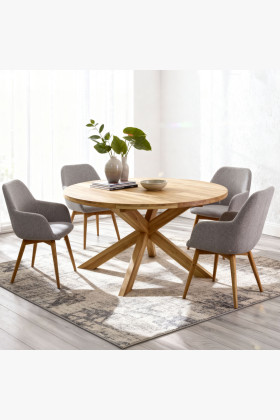 Rozklappbarer runder Esstisch aus massivem Eichenholz und Stühle