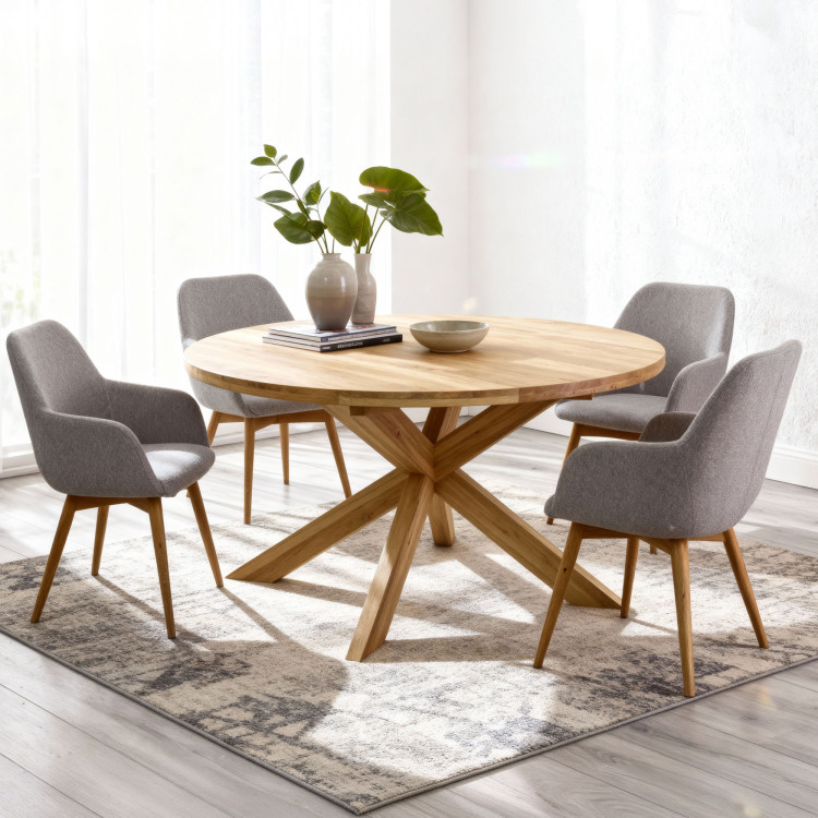 Rozklappbarer runder Esstisch aus massivem Eichenholz und Stühle