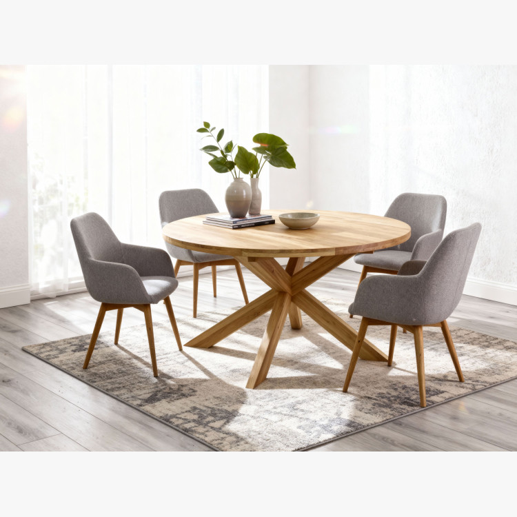 Rozklappbarer runder Esstisch aus massivem Eichenholz und Stühle