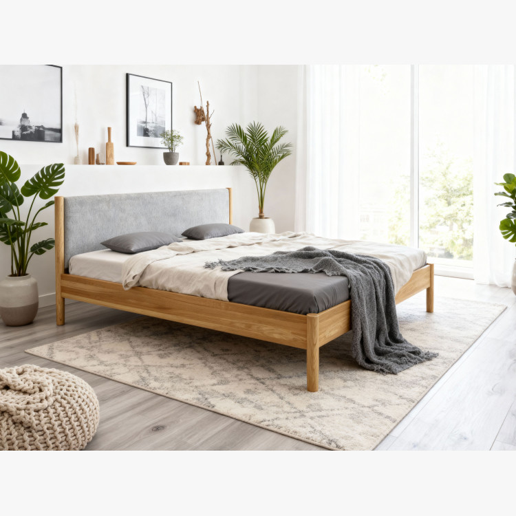 Bett aus massivem Eichenholz mit Stoffkopfteil 180 x 200 cm