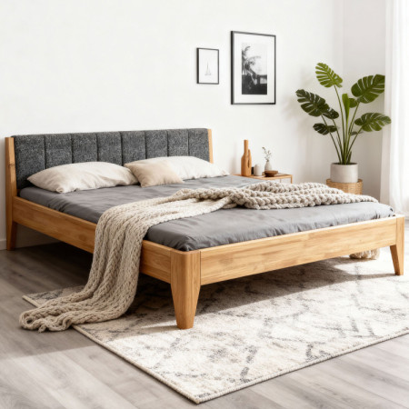 Eiche Bett 180 x 200 cm mit gepolstertem Kopfteil