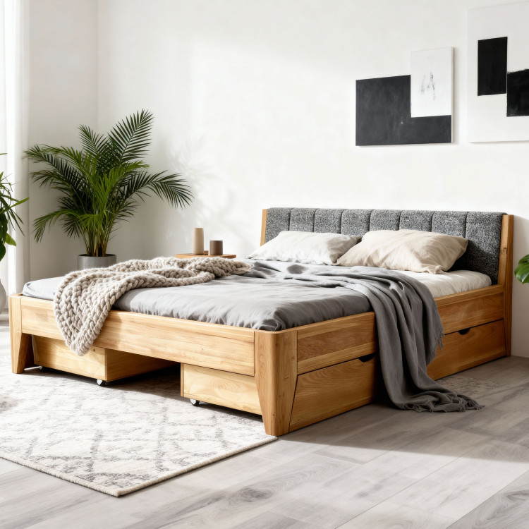 Eiche Bett 180 x 200 cm mit gepolstertem Kopfteil