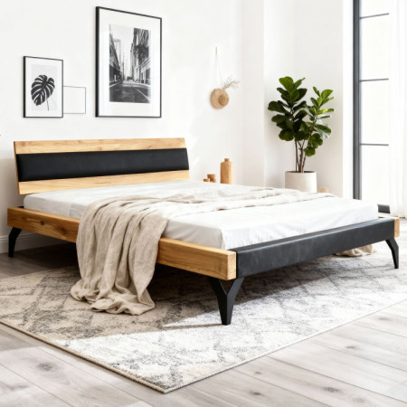 Dubový Bett aus Balken mit schwarzer Polsterung 180 x 200 cm