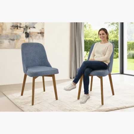 Elegante Esszimmerstühle in blauem Stoff und Eichenbeinen