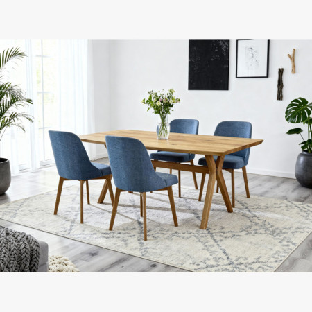 Elegante Esszimmerstühle in blauem Stoff und Eichenbeinen