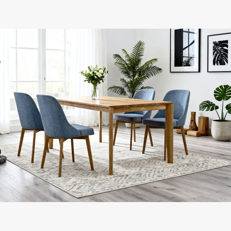 Elegante Esszimmerstühle in blauem Stoff und Eichenbeinen