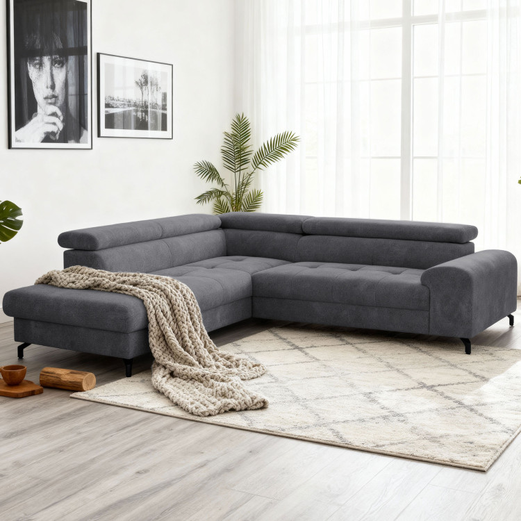 R Eckcouch mit Schlaffunktion und Stauraum - Links, Farbe Coal