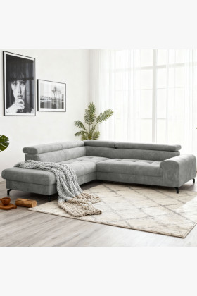 Ecksofa mit Schlaffunktion und Stauraum platinfarben links