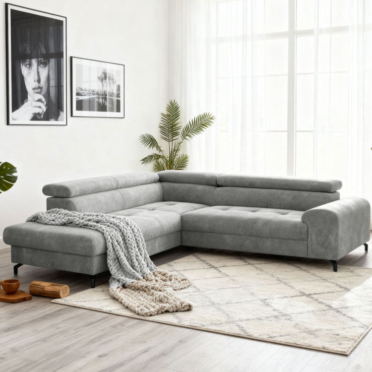 Réckige Eckcouch mit Schlaf- und Stauraumfunktion - Links, platinfarbig