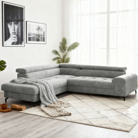 Réckige Eckcouch mit Schlaf- und Stauraumfunktion - Links, platinfarbig