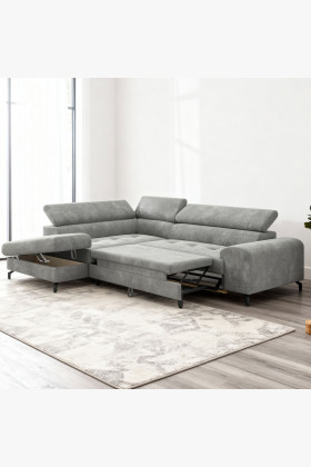 Réckige Eckcouch mit Schlaf- und Stauraumfunktion - Links, platinfarbig 2