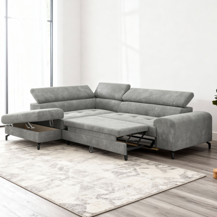 Réckige Eckcouch mit Schlaf- und Stauraumfunktion - Links, platinfarbig