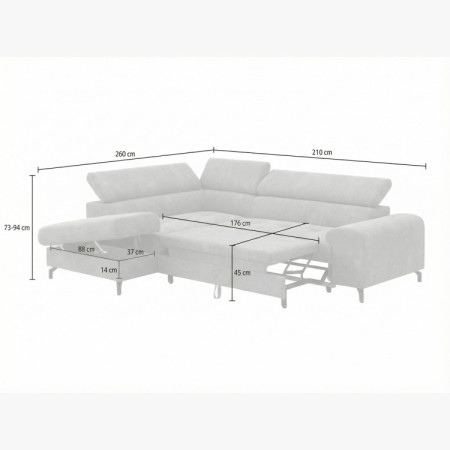 Réckige Eckcouch mit Schlaf- und Stauraumfunktion - Links, platinfarbig