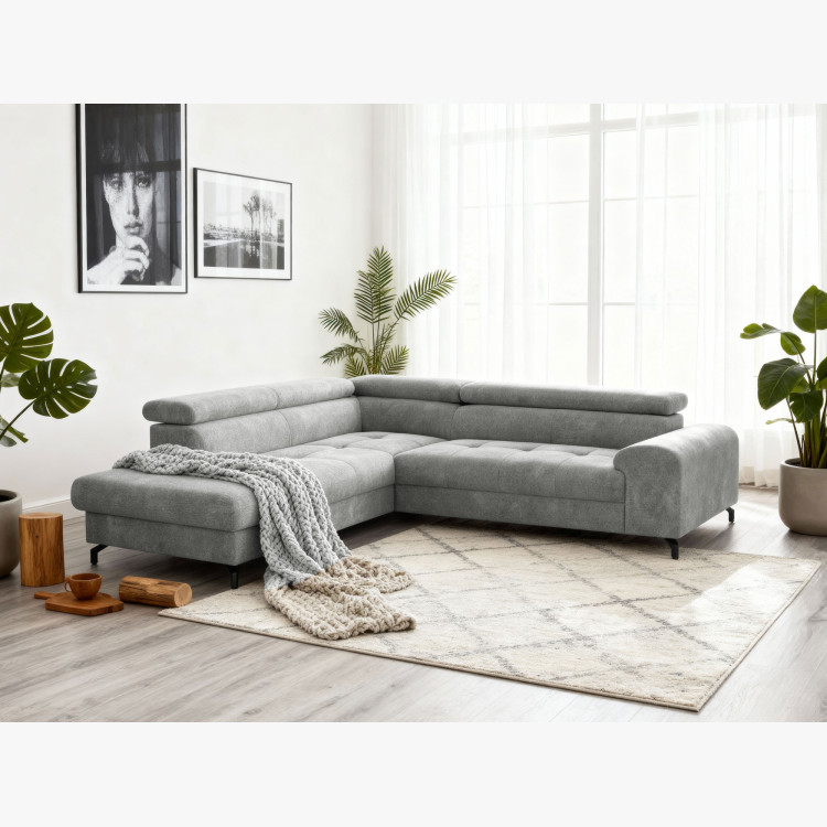 Réckige Eckcouch mit Schlaf- und Stauraumfunktion - Links, platinfarbig